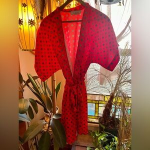 Vintage 70s Kimono Robe Dress – By Mel-Lin – Red Geometric Print – Made in USA